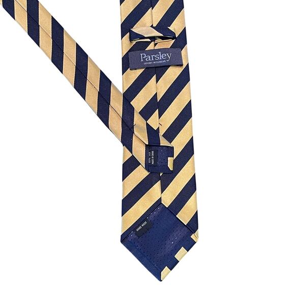 Parsley Luxury Neckwear Yellow Navy Diagonal Striped Silk Tie, 58.5" - Picture 3 of 8